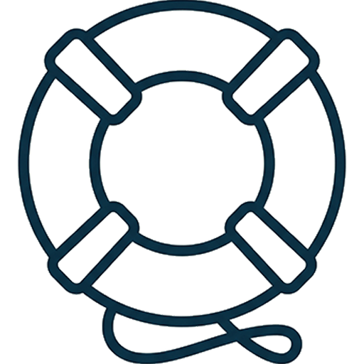 A simple dark blue line drawing of a life preserver on a white background.