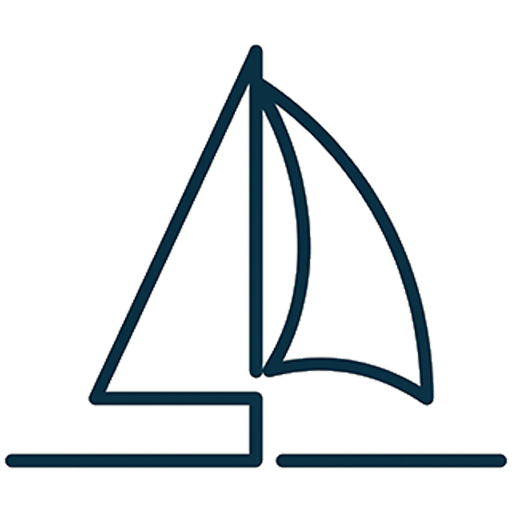 A minimalist navy blue line icon of a sailboat on a solid white background.