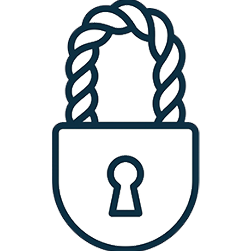 A minimalist navy blue line icon of a padlock with a thick rope handle on a solid white background.