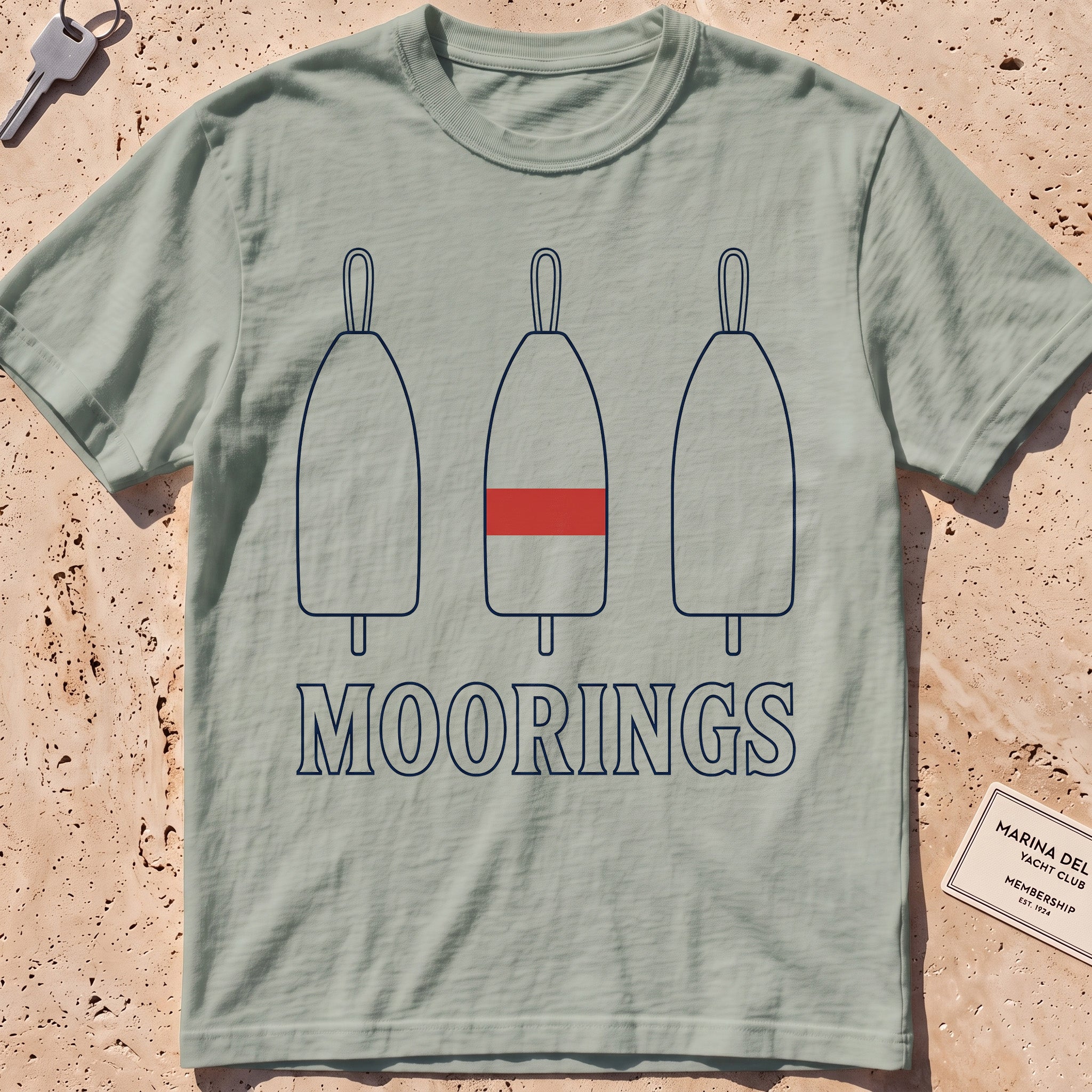 bay heavyweight tee with three mooring buoys and "Moorings" text.