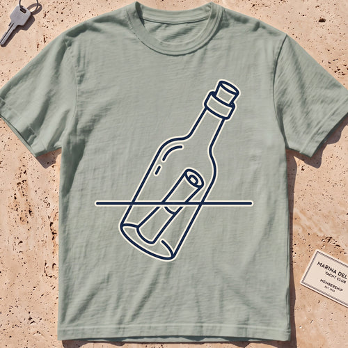 Bay heavyweight tee with a single-line message-in-a-bottle "Adrift" graphic