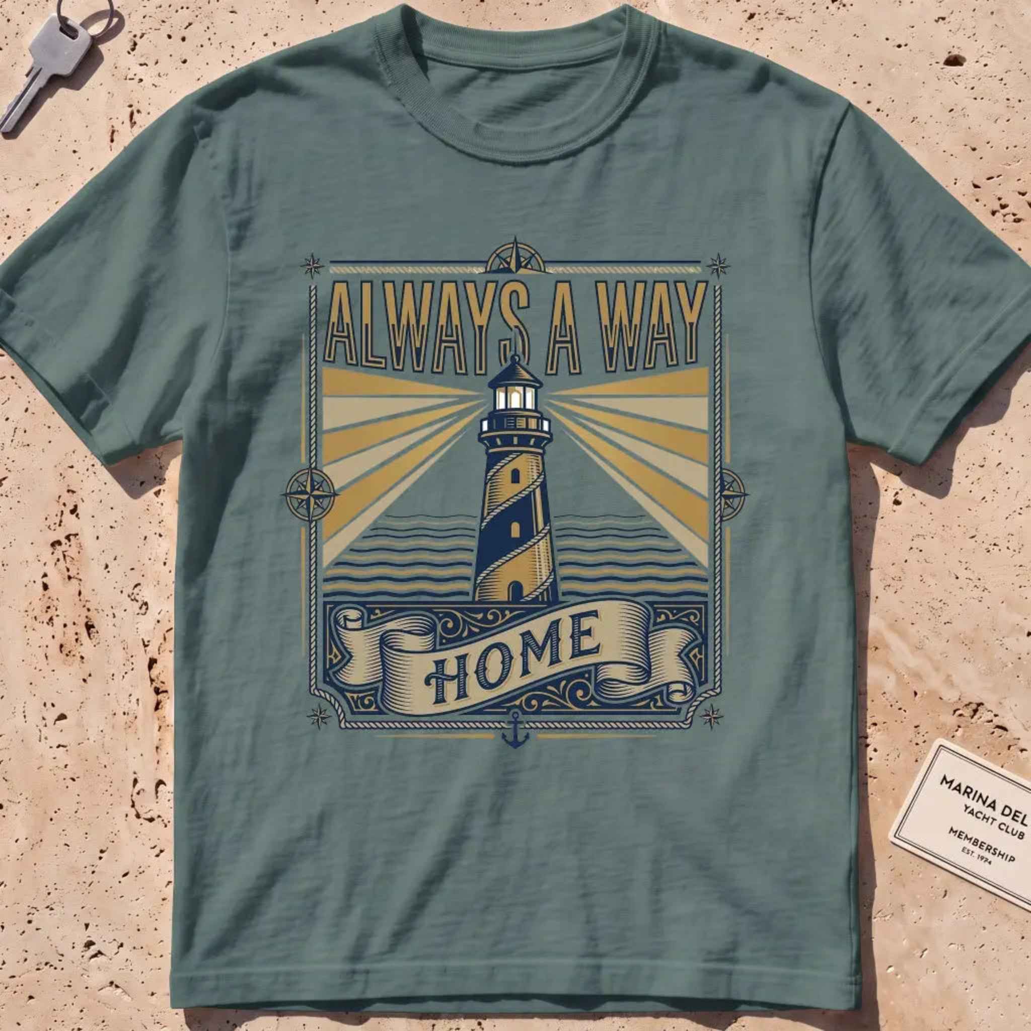 Blue spruce heavyweight tee with a vintage engraved lighthouse badge and "Always a Way Home" text.