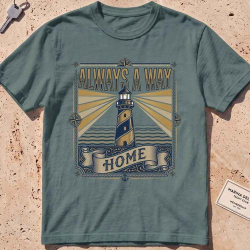 Blue spruce heavyweight tee with a vintage engraved lighthouse badge and "Always a Way Home" text.