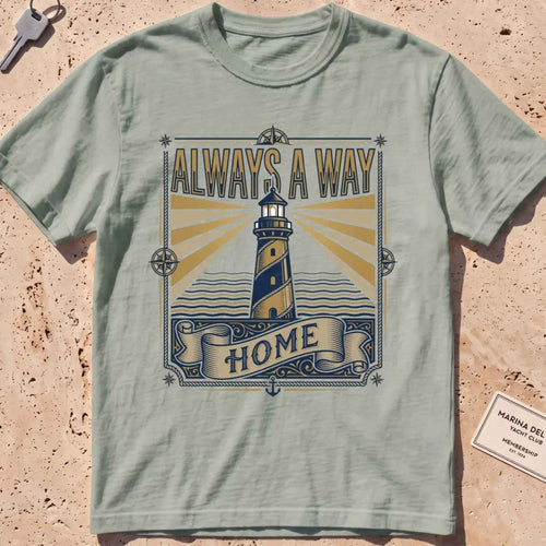 Bay heavyweight tee with a vintage engraved lighthouse badge and "Always a Way Home" text.
