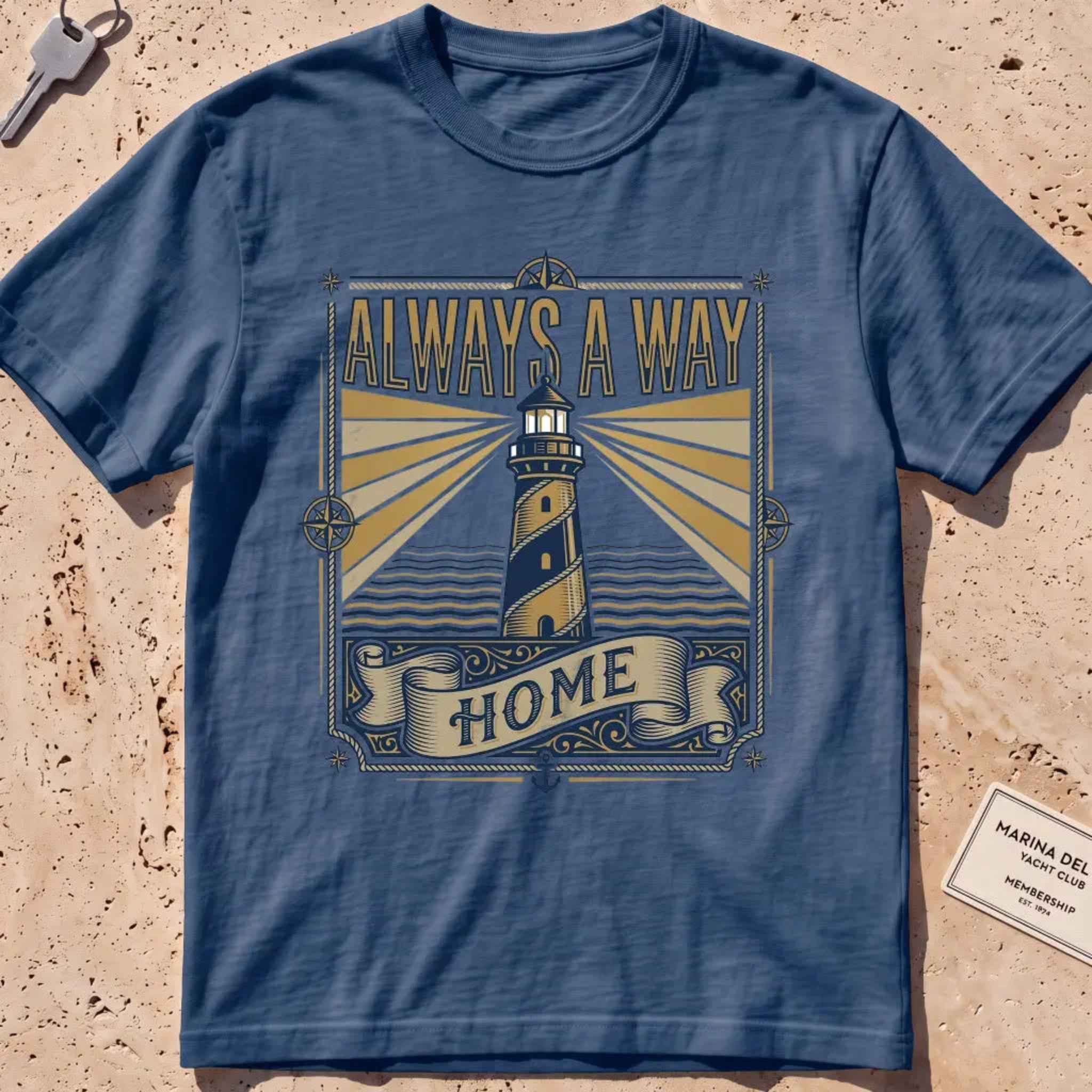 Midnight heavyweight tee with a vintage engraved lighthouse badge and "Always a Way Home" text.