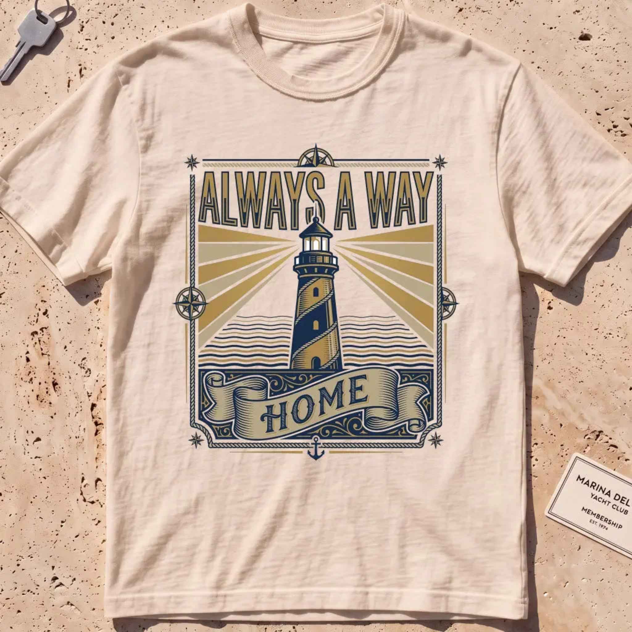 Ivory heavyweight tee with a vintage engraved lighthouse badge and "Always a Way Home" text.