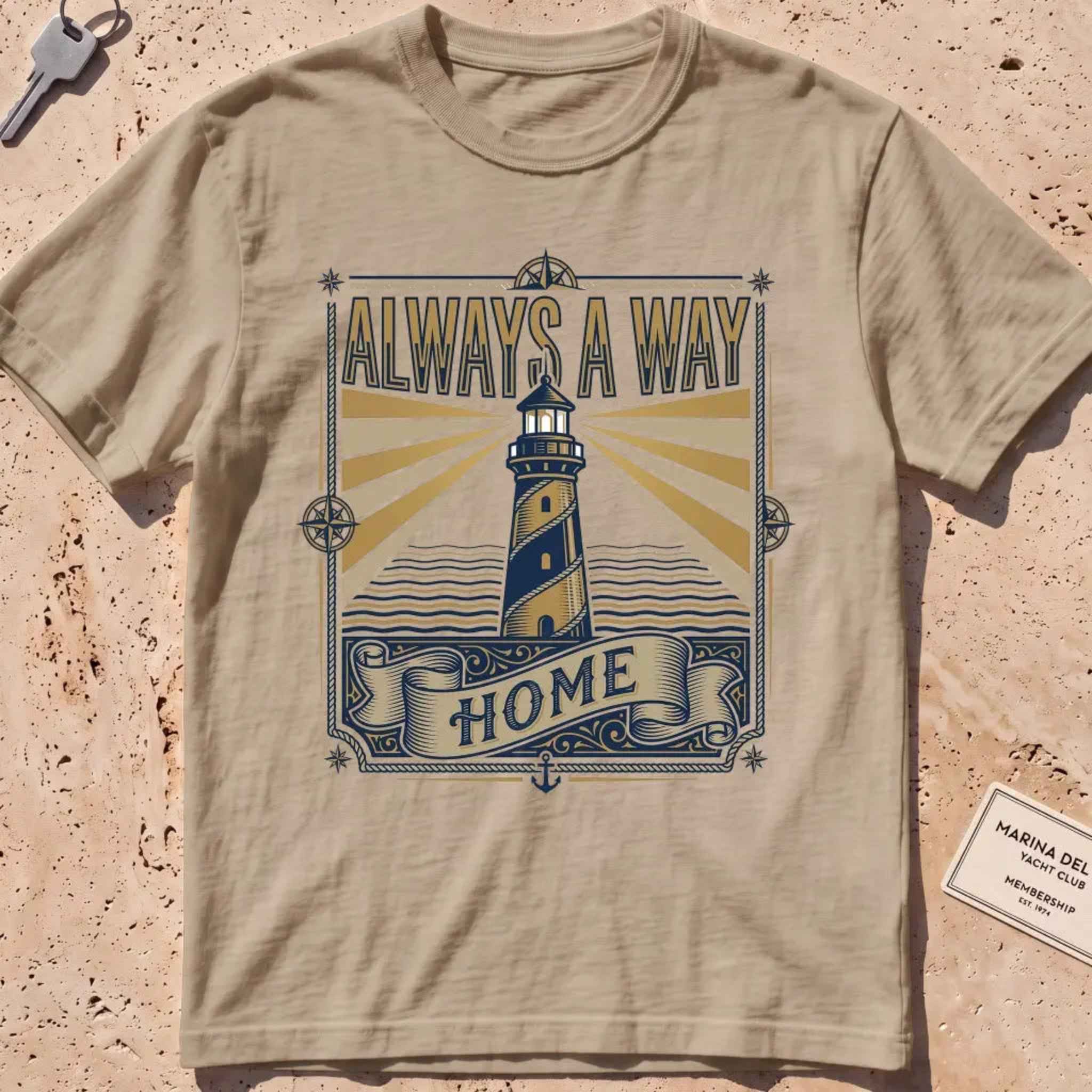 Khaki heavyweight tee with a vintage engraved lighthouse badge and "Always a Way Home" text.