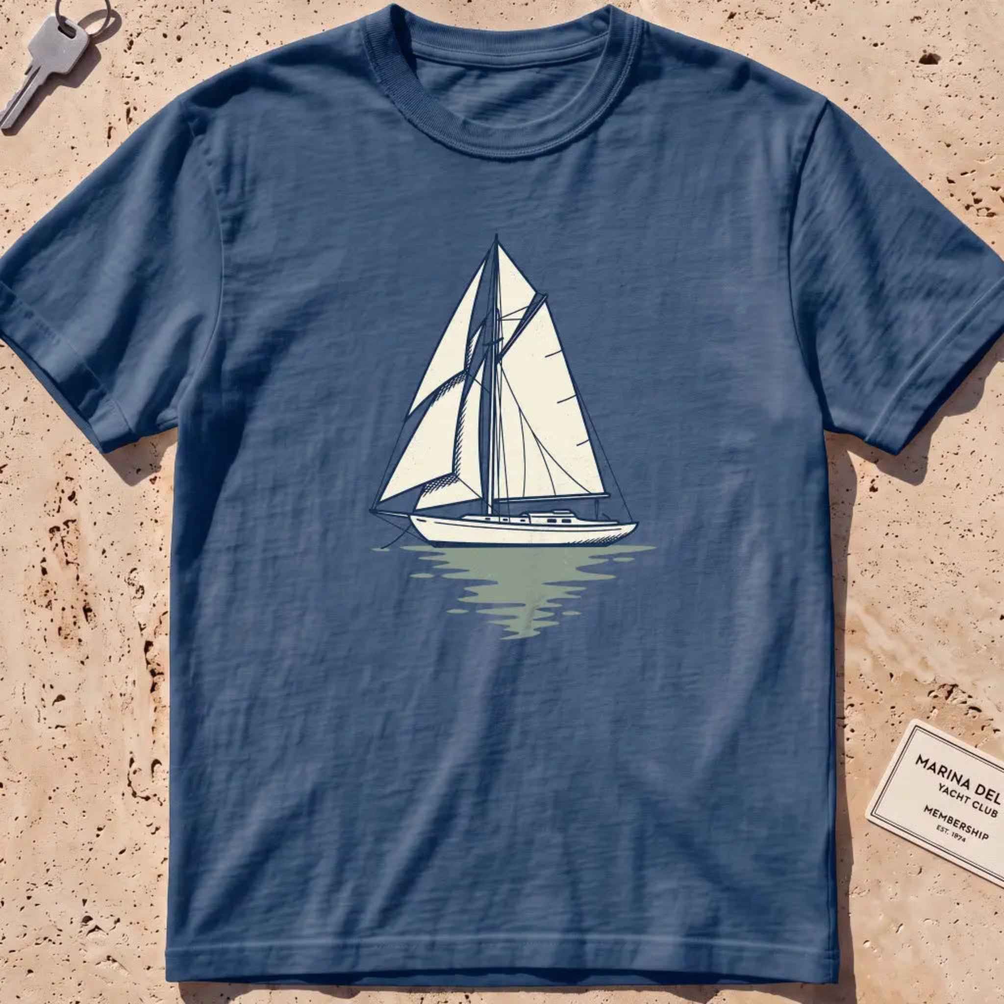 Midnight heavyweight tee with a two-tone yacht at anchor and a small script wordmark.
