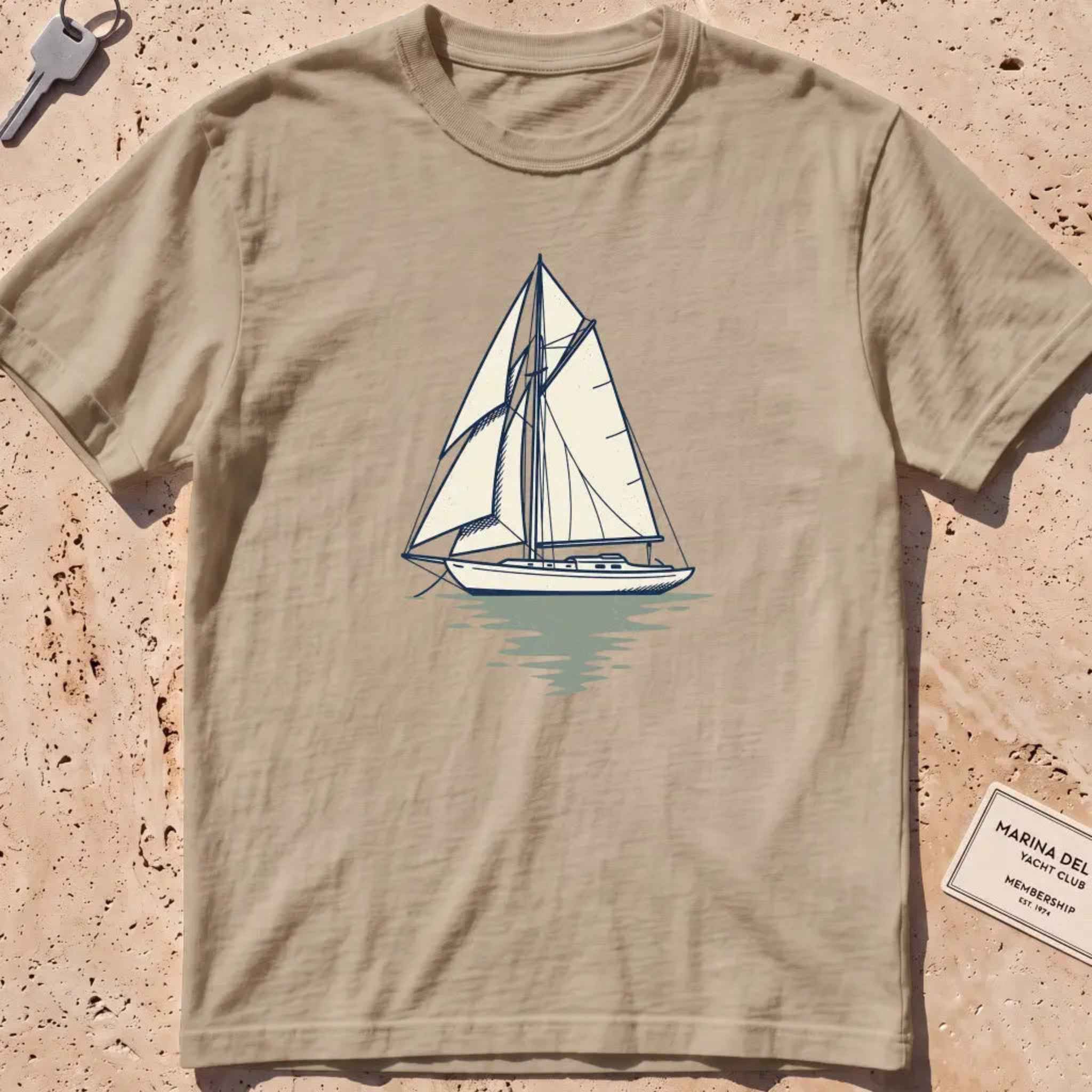 Khaki heavyweight tee with a two-tone yacht at anchor and a small script wordmark.
