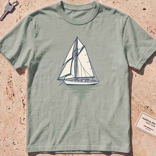 Bay heavyweight tee with a two-tone yacht at anchor and a small script wordmark.