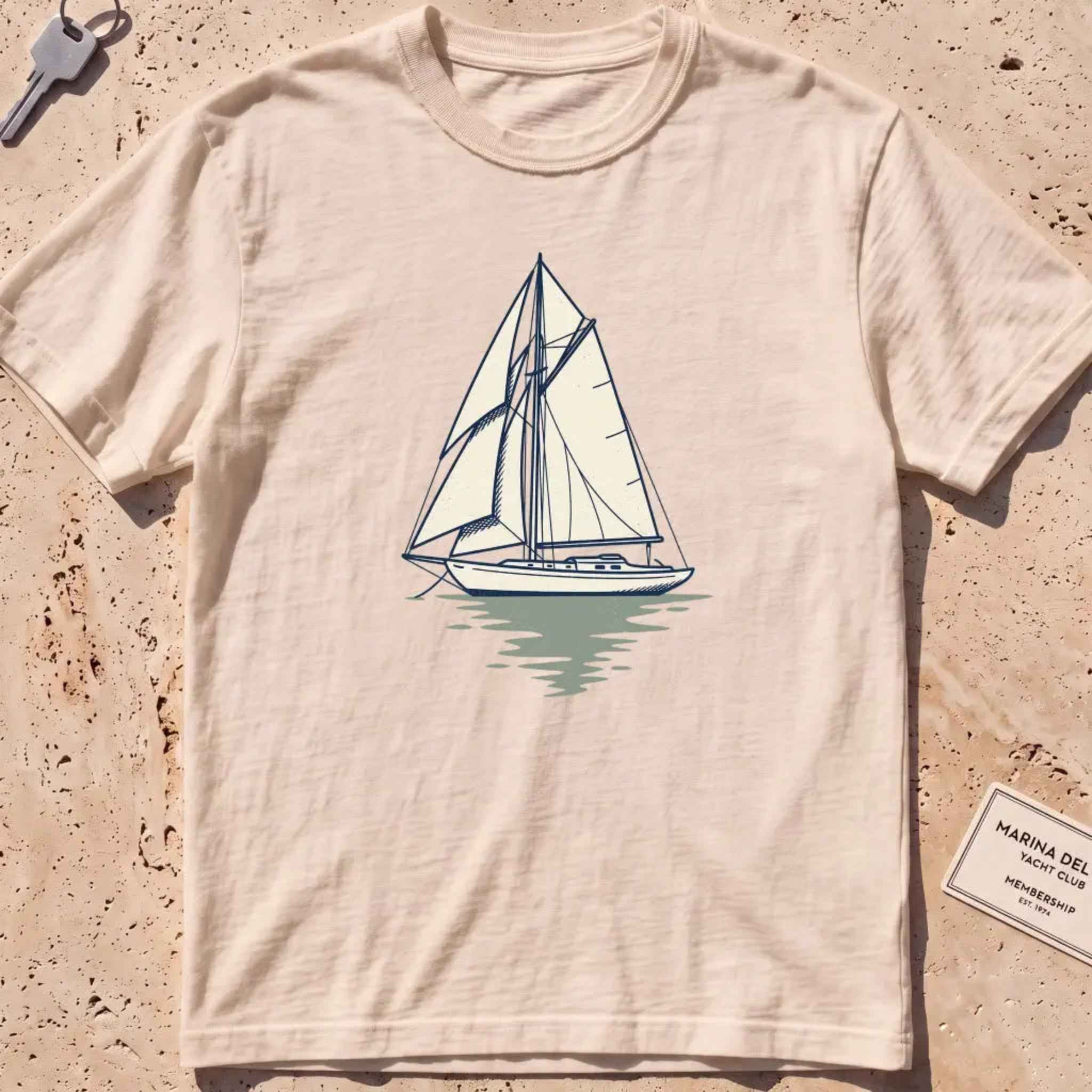 Ivory heavyweight tee with a two-tone yacht at anchor and a small script wordmark.