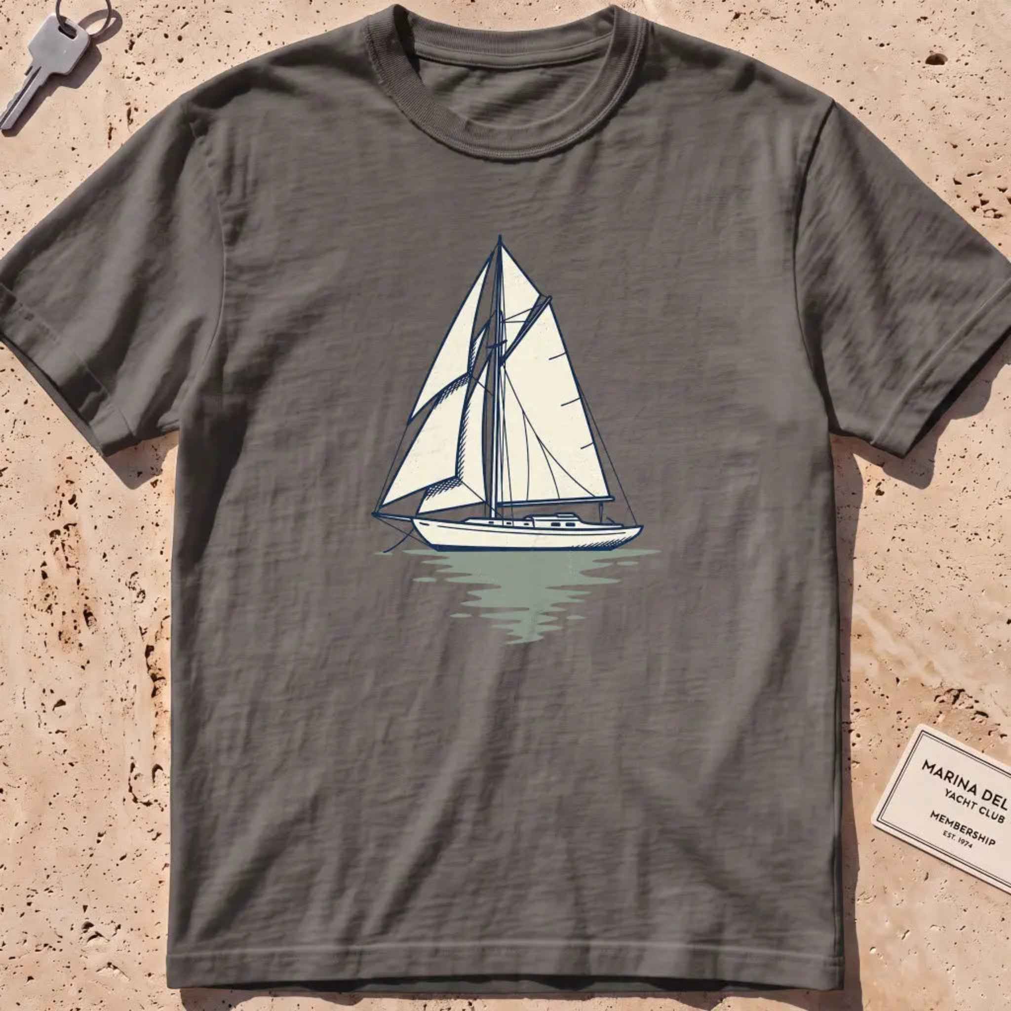 Pepper heavyweight tee with a two-tone yacht at anchor and a small script wordmark.