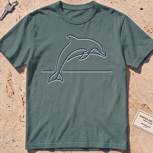 Blue Spruce heavyweight tee with a single-line arcing dolphin graphic.