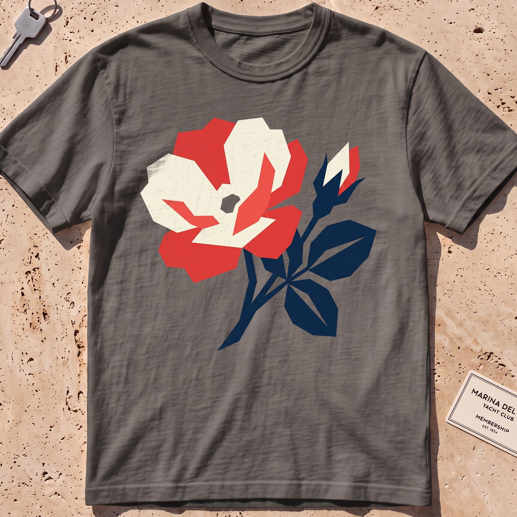 pepper heavyweight tee with a flat-geometric beach rose graphic.