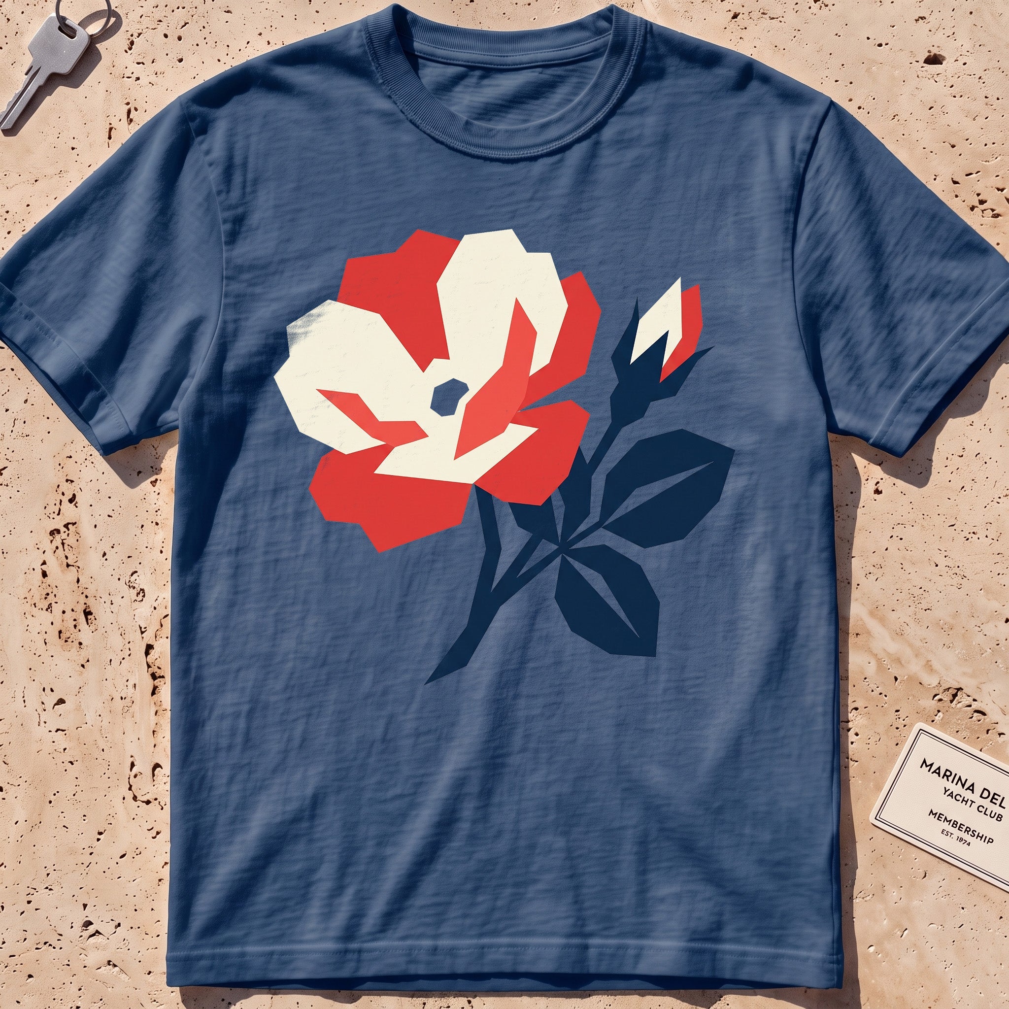 midnight heavyweight tee with a flat-geometric beach rose graphic.