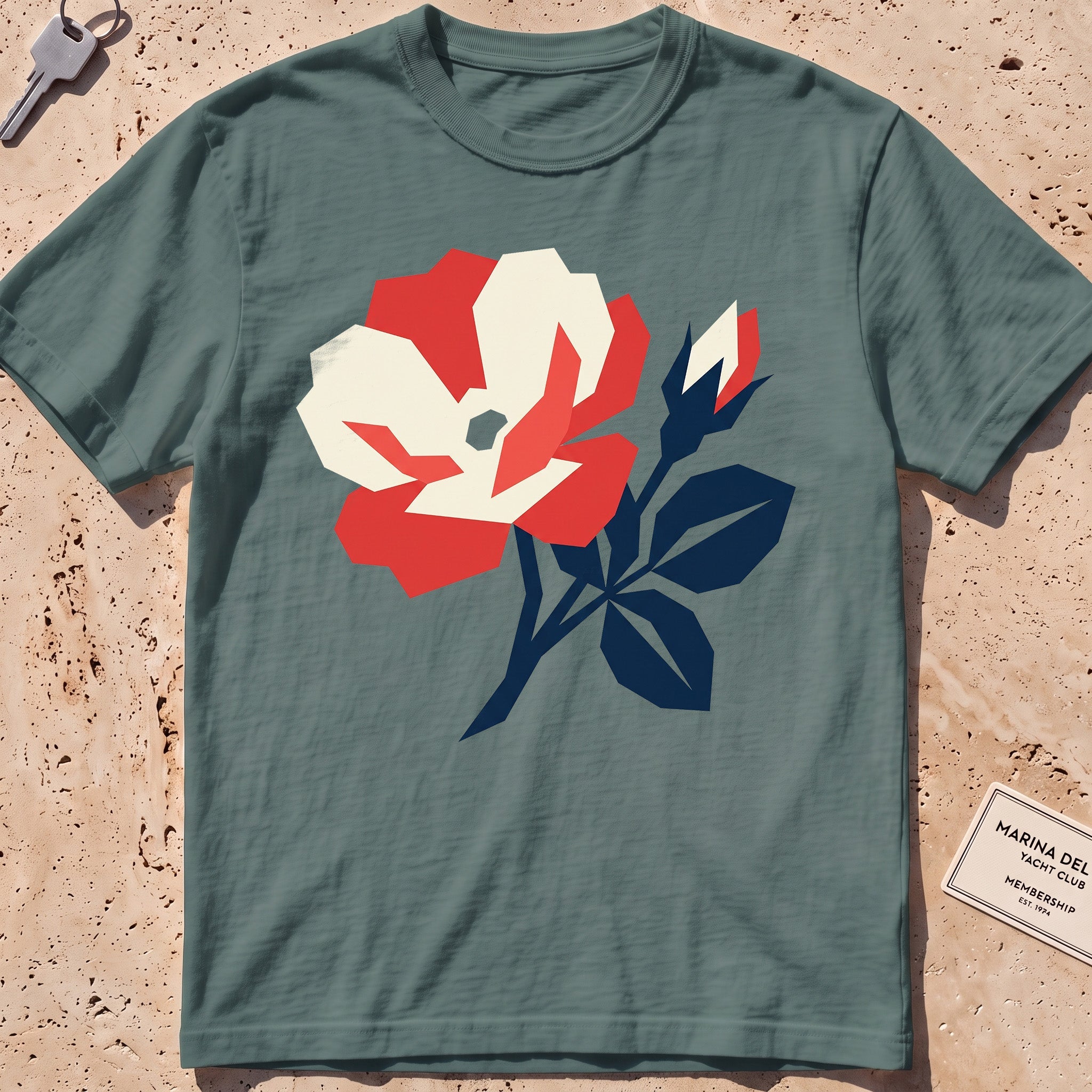 blue spruce heavyweight tee with a flat-geometric beach rose graphic.