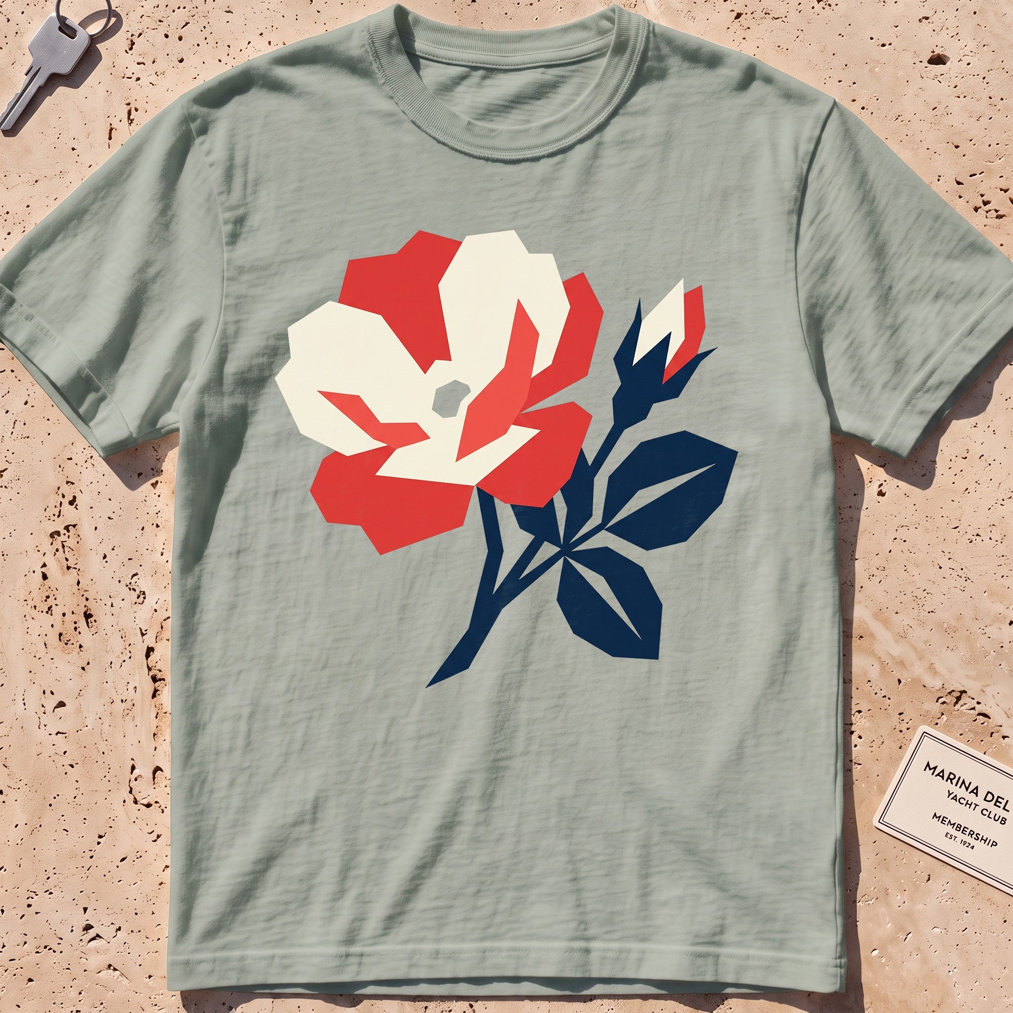 bay heavyweight tee with a flat-geometric beach rose graphic.