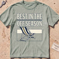 Bay heavyweight tee with "Best in the Off Season" text and an empty deckchair graphic.