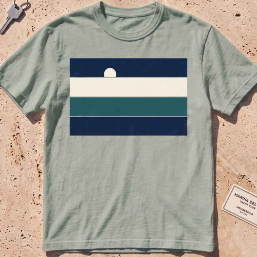 Bay heavyweight tee with stacked sea-and-sky colour bands and a rising moon.