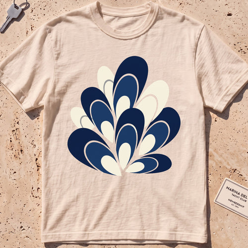 ivory heavyweight tee with a flat-geometric blue mussel cluster graphic.