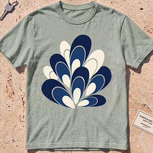 bay heavyweight tee with a flat-geometric blue mussel cluster graphic.