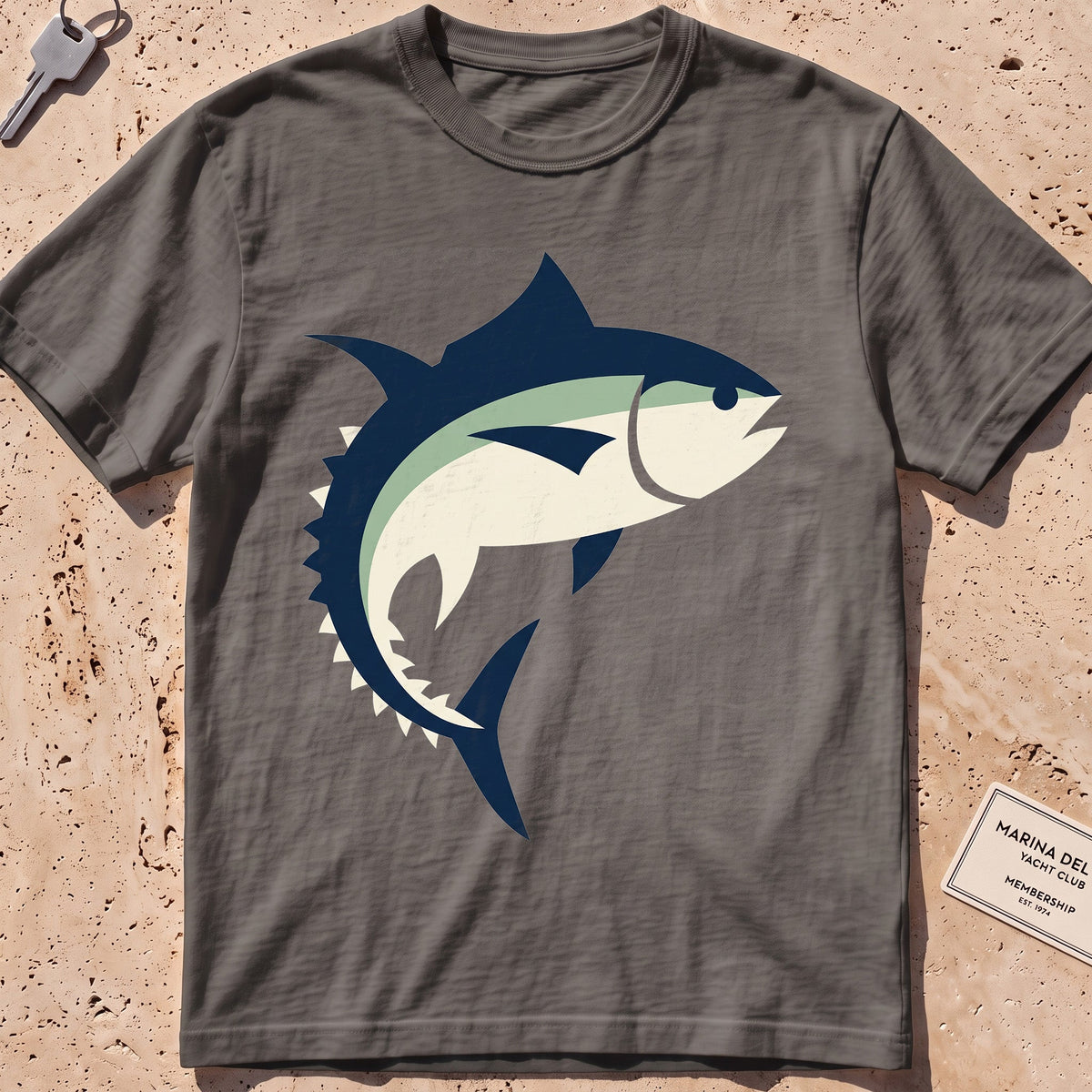 pepper heavyweight tee with a flat-geometric bluefin tuna graphic.