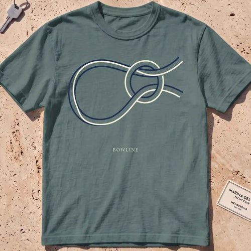 Blue spruce heavyweight tee with a single continuous-line bowline knot graphic.