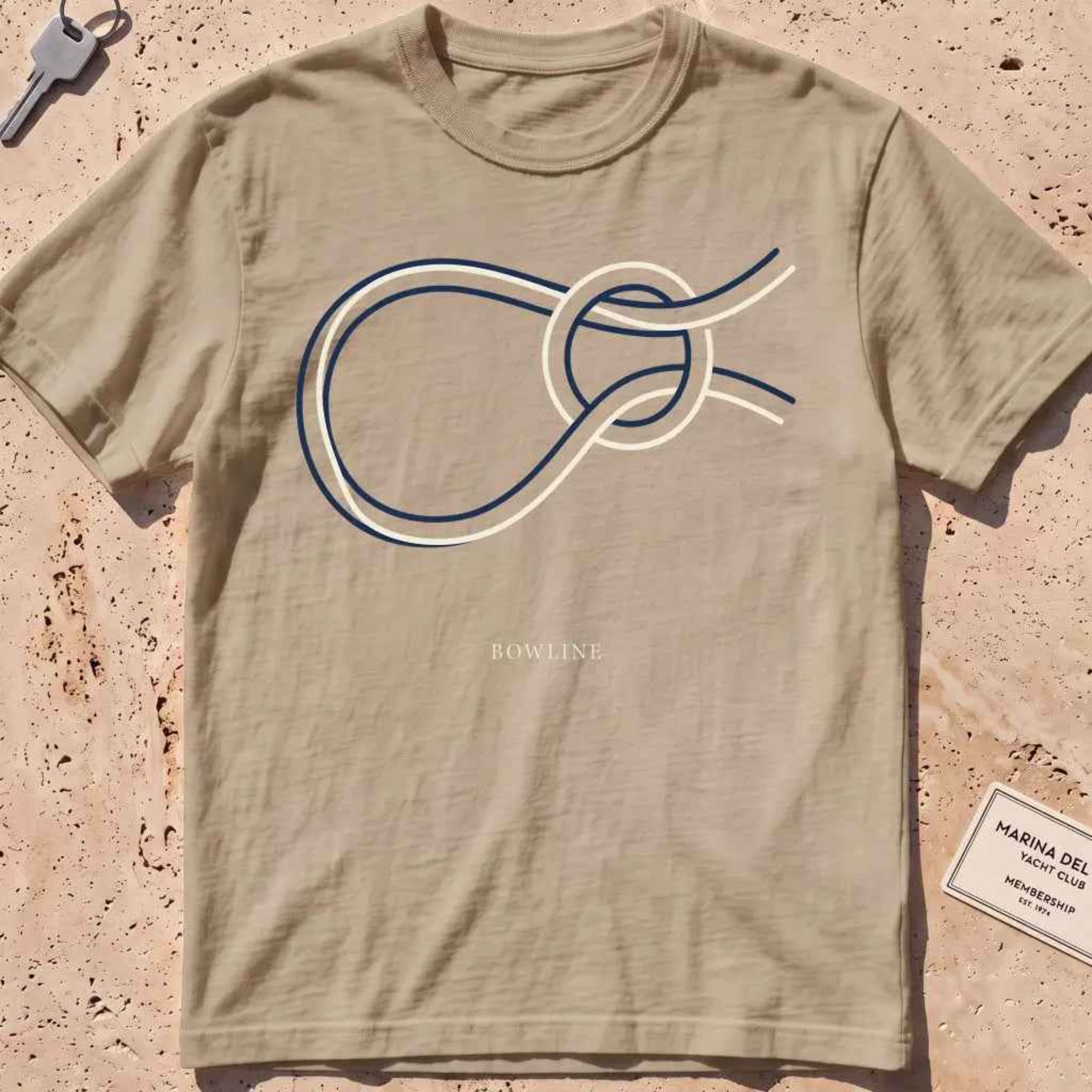 Khaki heavyweight tee with a single continuous-line bowline knot graphic.