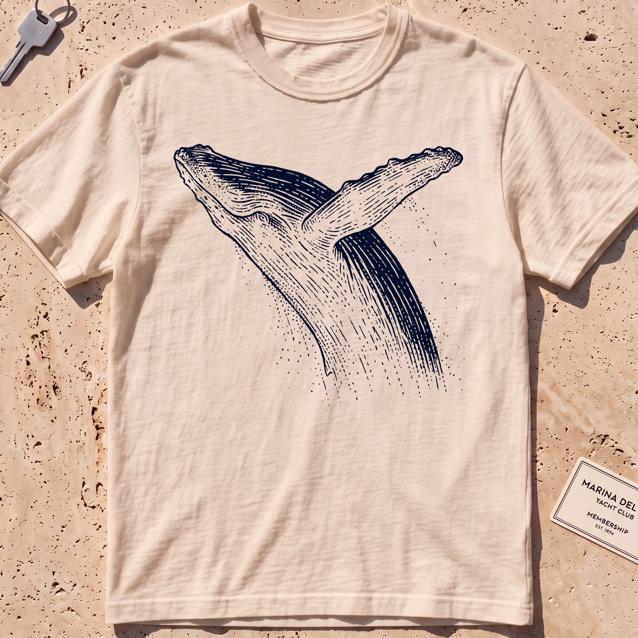 ivory heavyweight tee with an etched breaching whale leaping from the water.