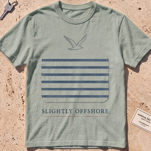 bay heavyweight tee with a Breton-stripe patch and a small seabird graphic.