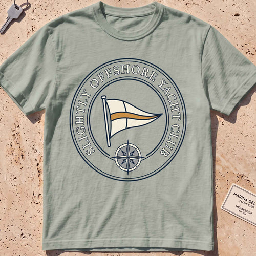 Bay heavyweight tee with a bold yacht-club burgee crest graphic.