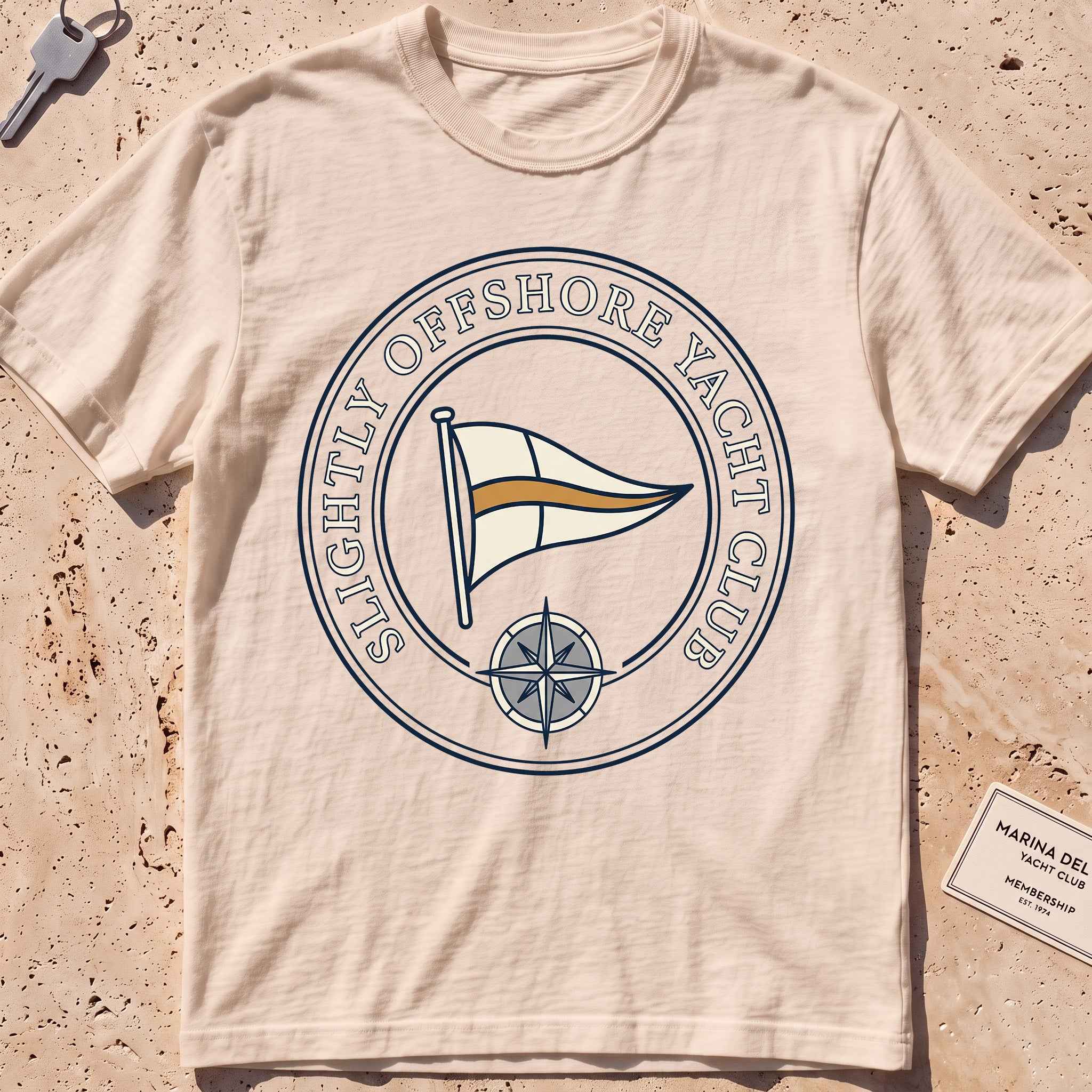 Ivory heavyweight tee with a bold yacht-club burgee crest graphic.