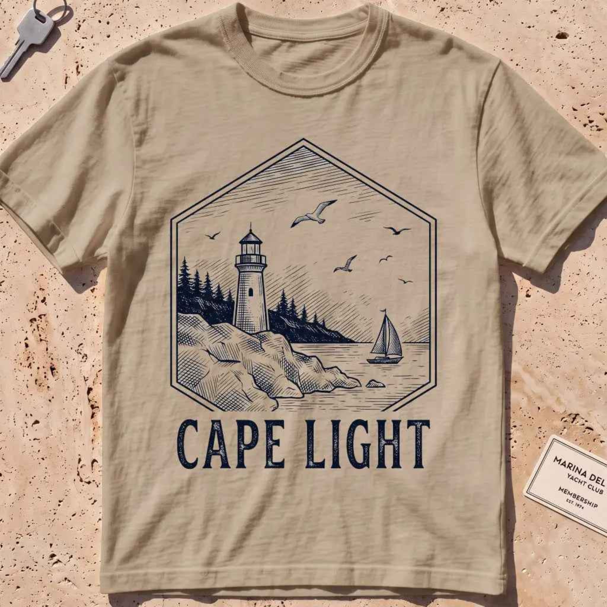 Khaki heavyweight tee with an etched vintage lighthouse badge graphic.