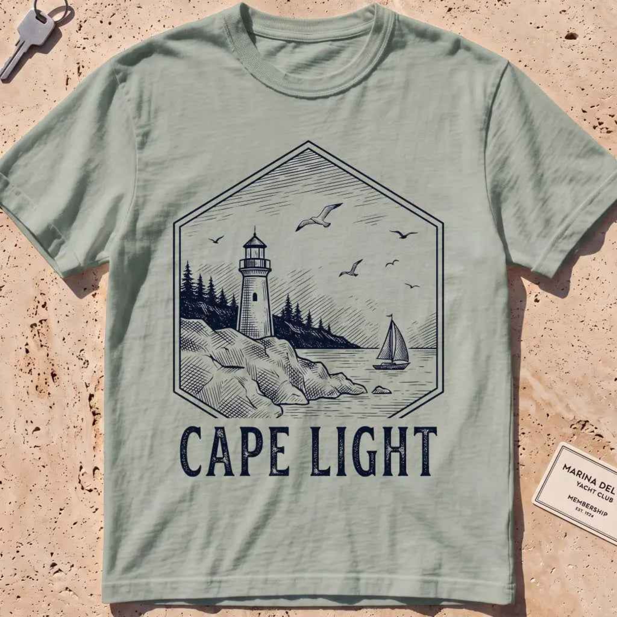 Bay heavyweight tee with an etched vintage lighthouse badge graphic.