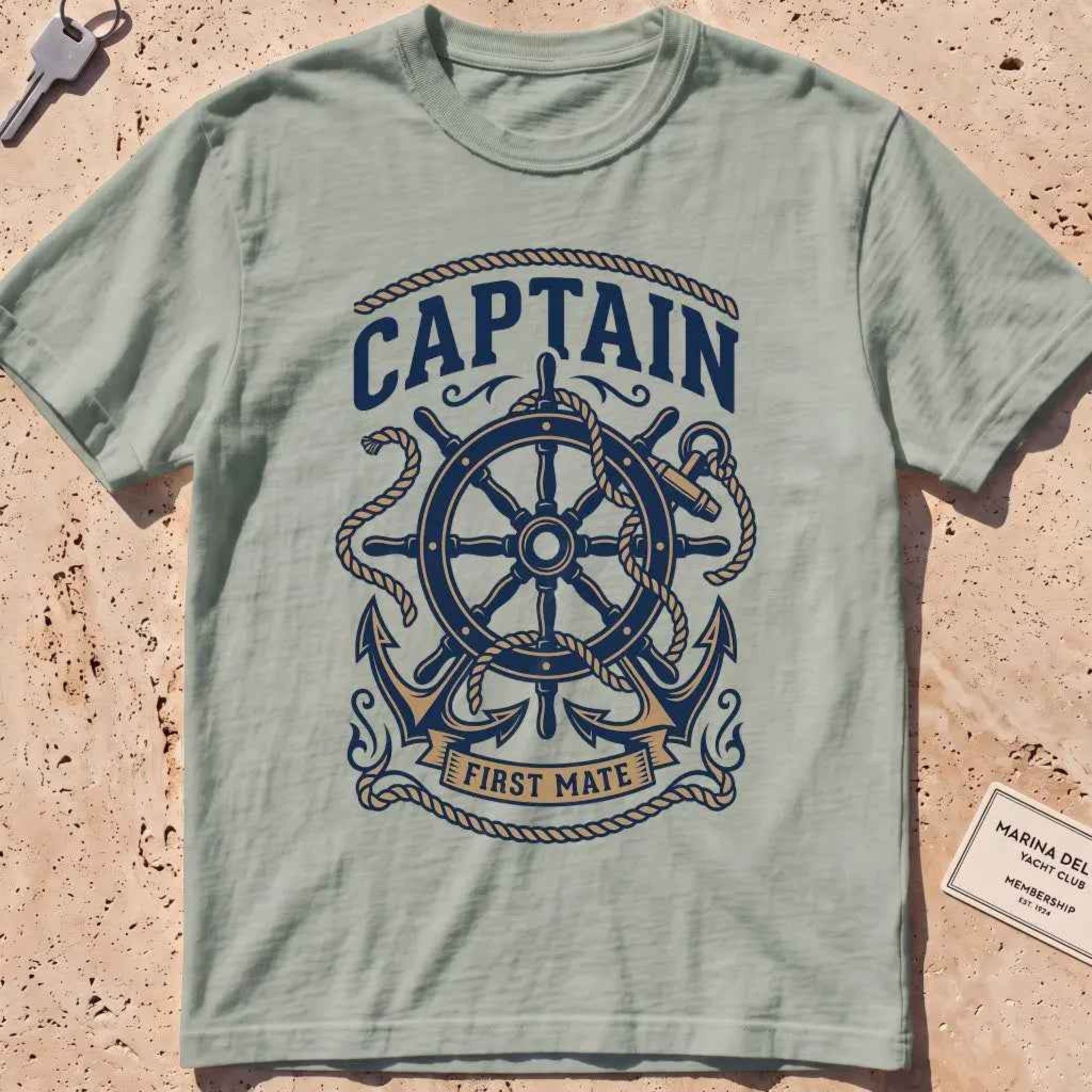 Bay heavyweight tee with a ship's wheel, anchor and rope nautical graphic