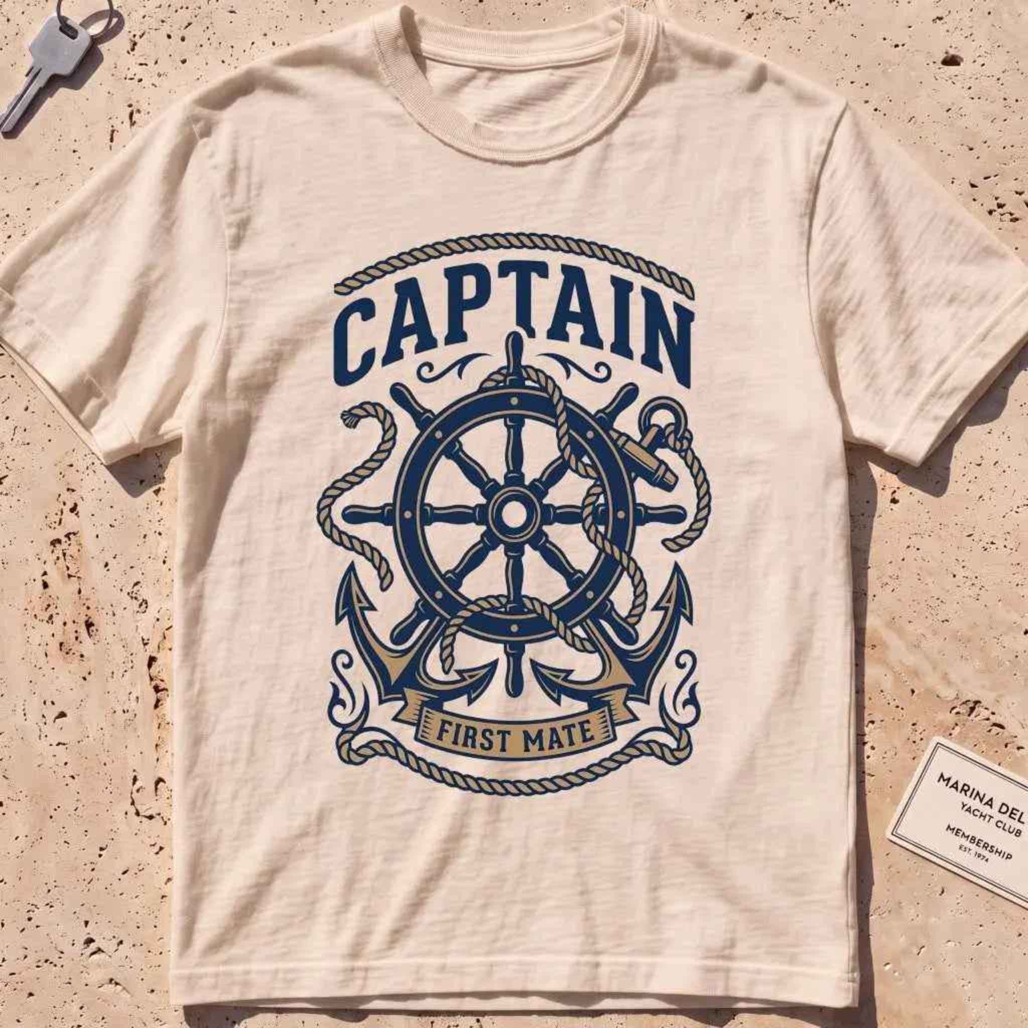 Ivory heavyweight tee with a ship's wheel, anchor and rope nautical graphic