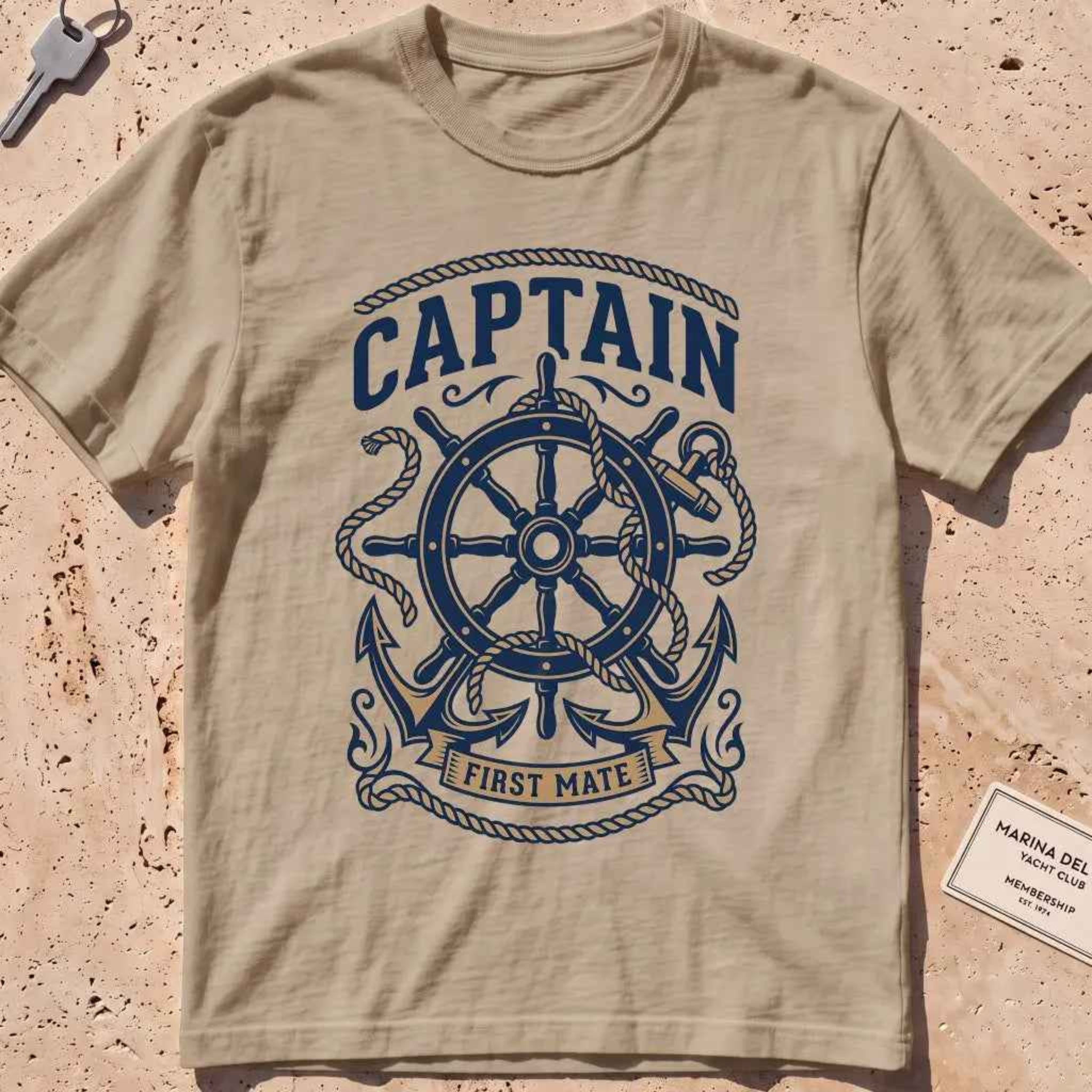 Khaki heavyweight tee with a ship's wheel, anchor and rope nautical graphic