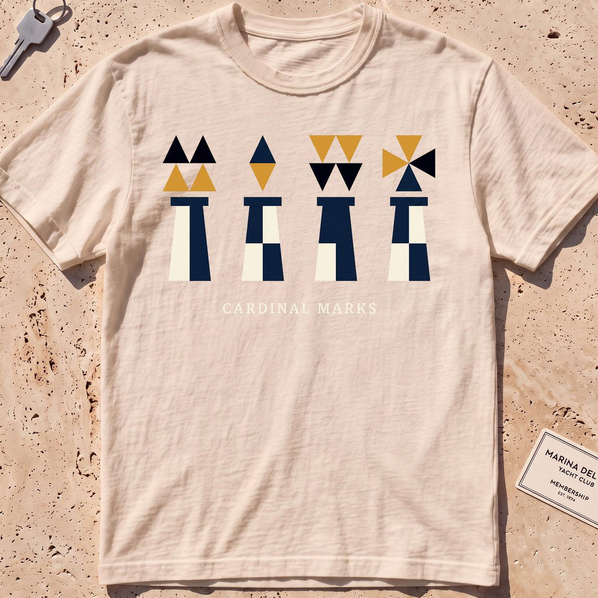 ivory heavyweight tee with flat-geometric cardinal navigation marks graphic.