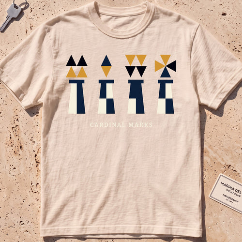 ivory heavyweight tee with flat-geometric cardinal navigation marks graphic.