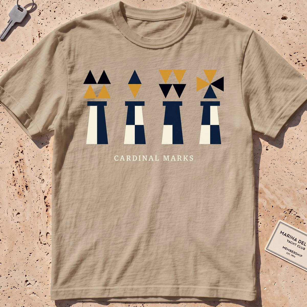 khaki heavyweight tee with flat-geometric cardinal navigation marks graphic.