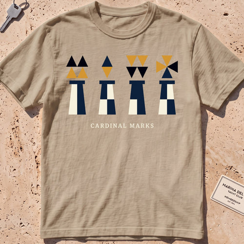 khaki heavyweight tee with flat-geometric cardinal navigation marks graphic.