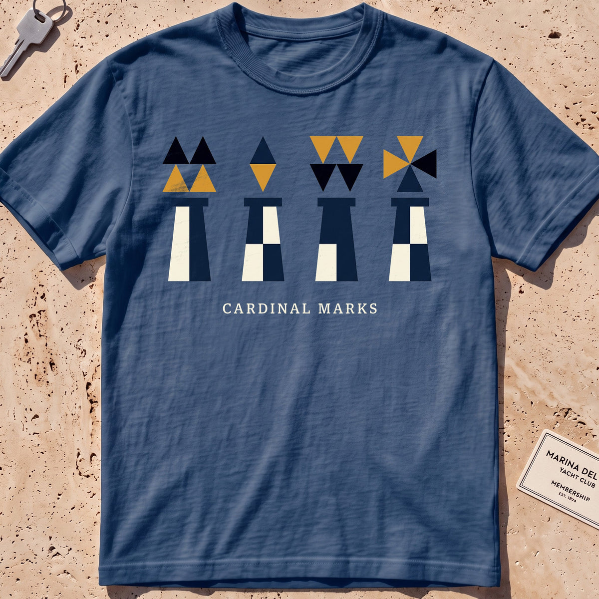 midnight heavyweight tee with flat-geometric cardinal navigation marks graphic.