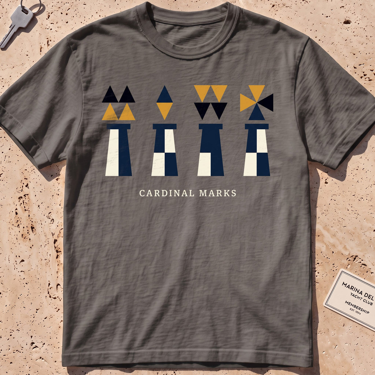 pepper heavyweight tee with flat-geometric cardinal navigation marks graphic.
