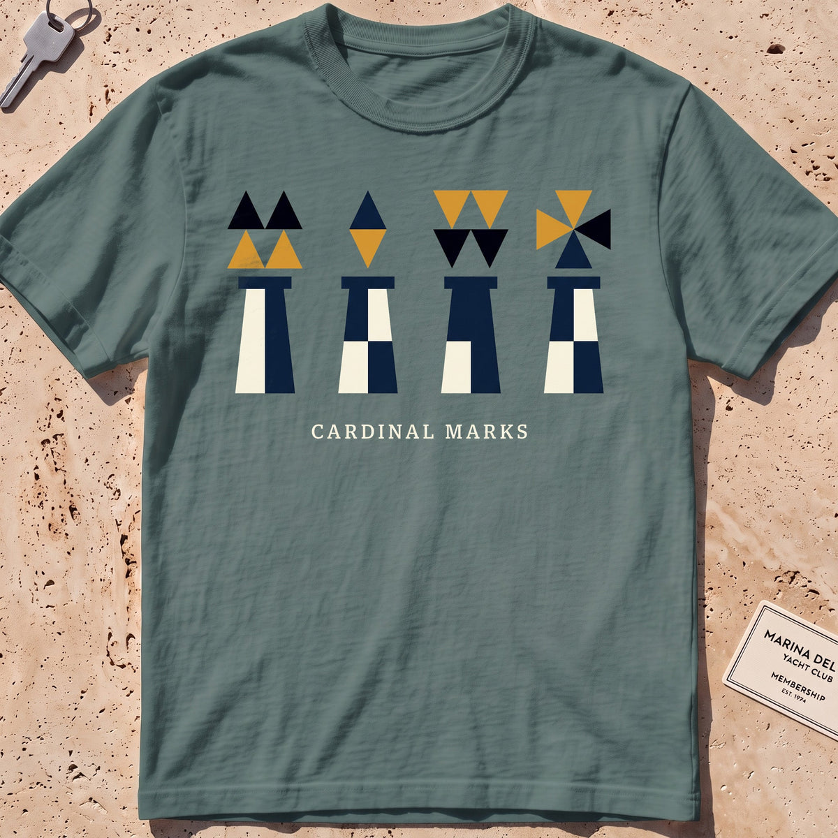 blue spruce heavyweight tee with flat-geometric cardinal navigation marks graphic.