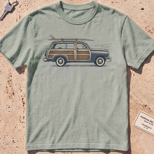 Bay heavyweight tee with an engraved woodie wagon and surfboard graphic.