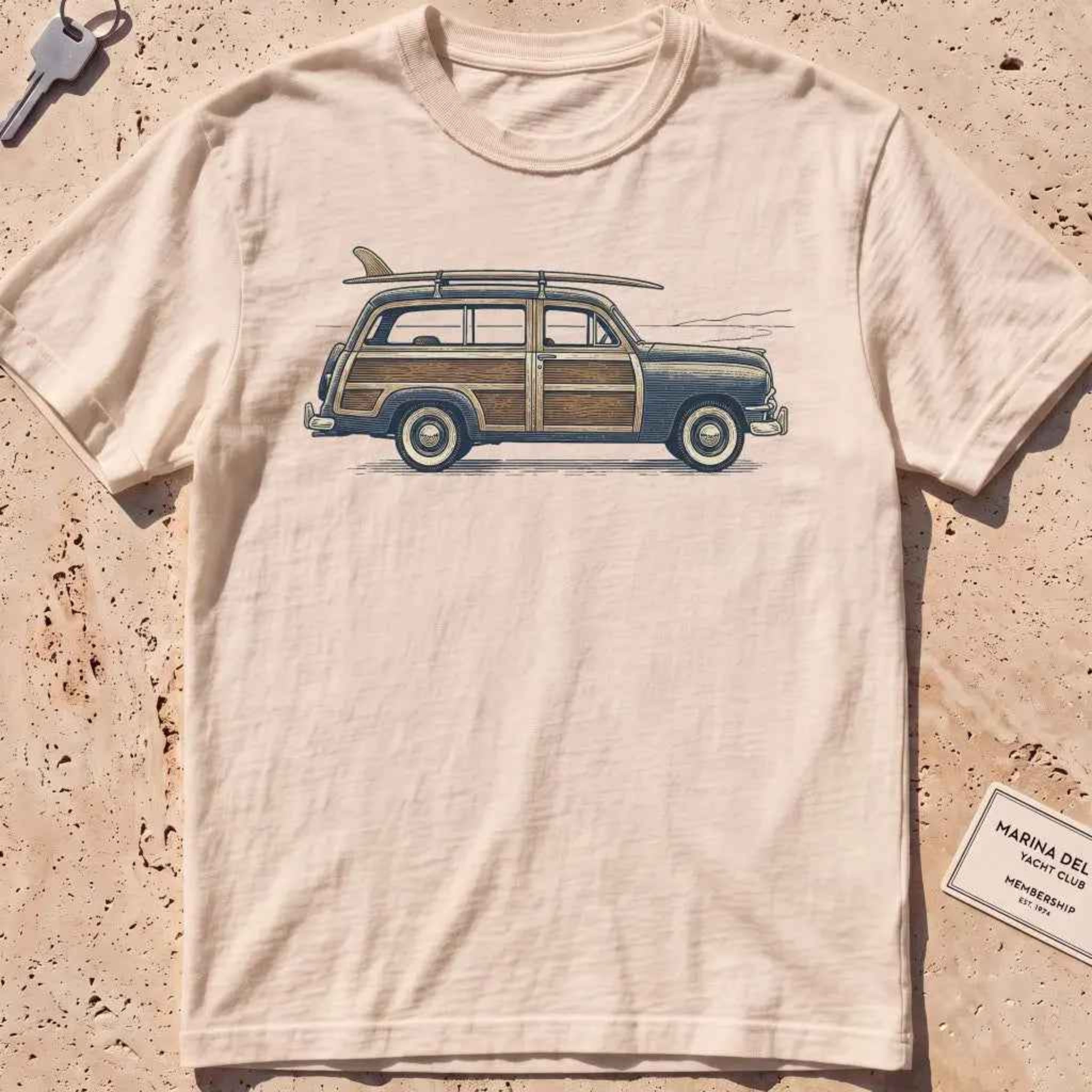 Ivory heavyweight tee with an engraved woodie wagon and surfboard graphic.