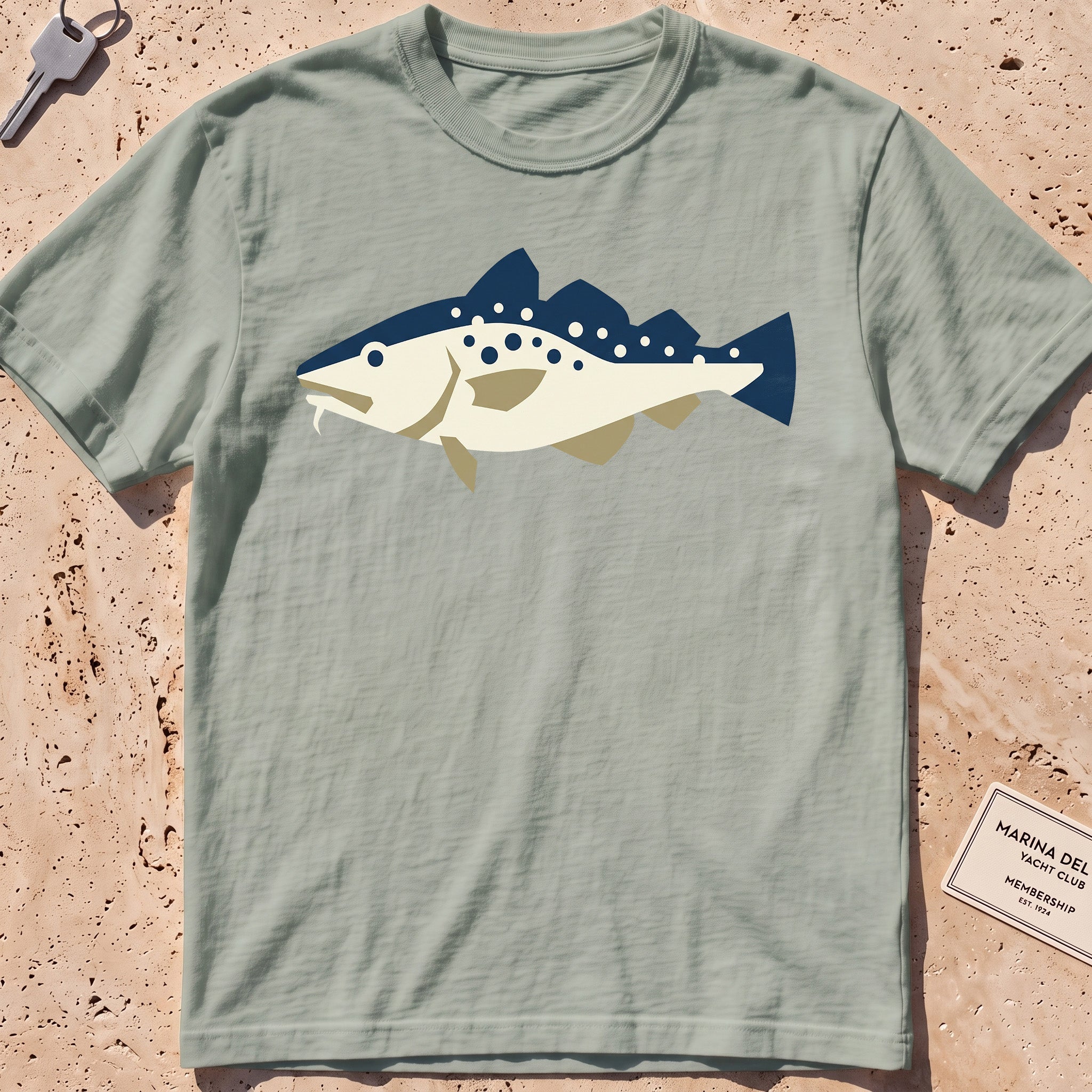 bay heavyweight tee with a flat-geometric Atlantic cod graphic.
