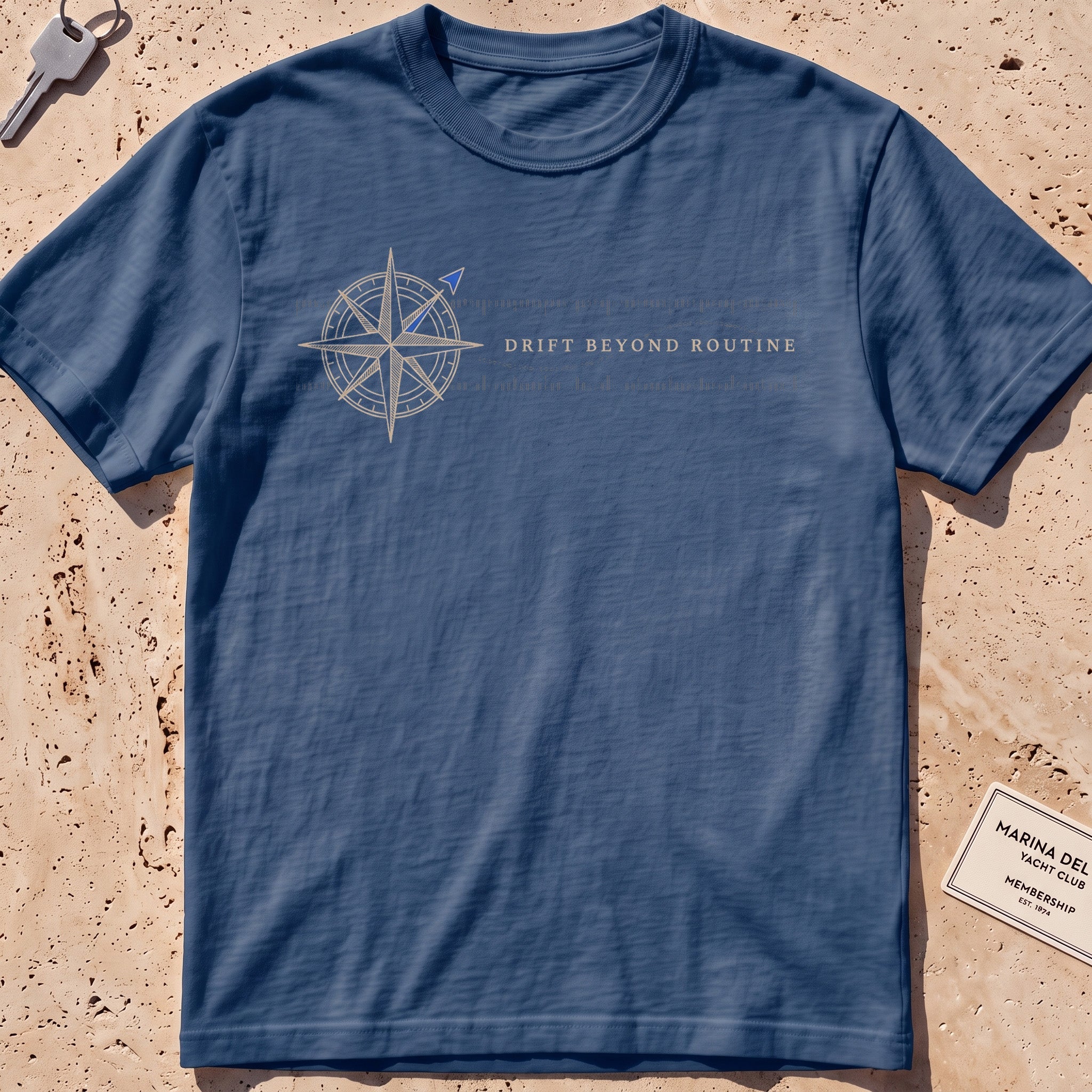 midnight heavyweight tee with a compass rose and coordinate band graphic.