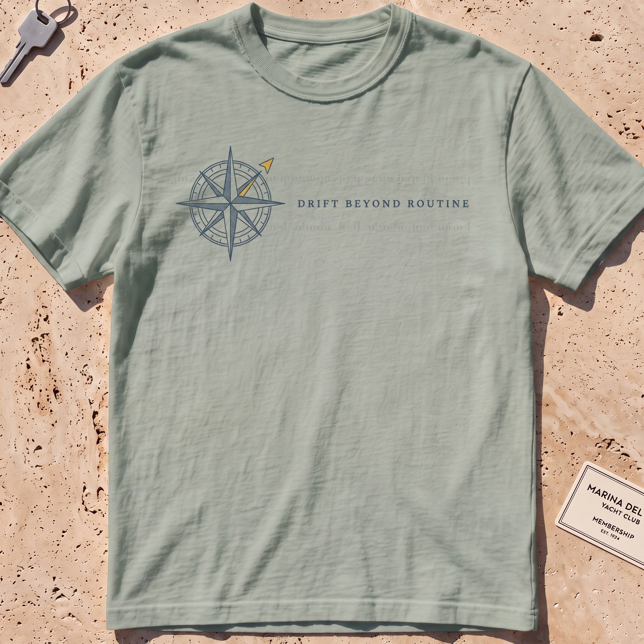 bay heavyweight tee with a compass rose and coordinate band graphic.