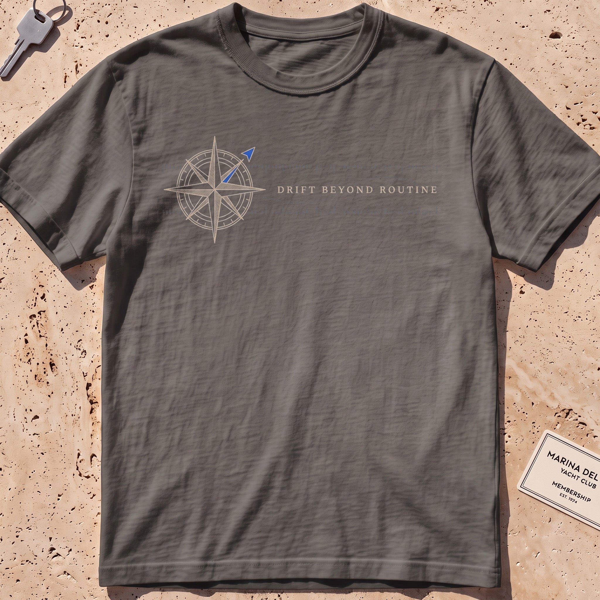 pepper heavyweight tee with a compass rose and coordinate band graphic.